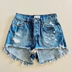 ONE TEASPOON High Rise Bonitas Distressed Mid Blue Wash Denim Cutoffs Short 28